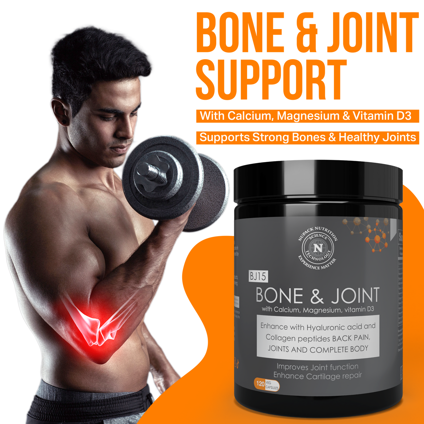 NUPACK Bone & Joint Support Supplement with Glucosamine, MSM, Collagen & Vitamin D3 | 120 Veg Capsules