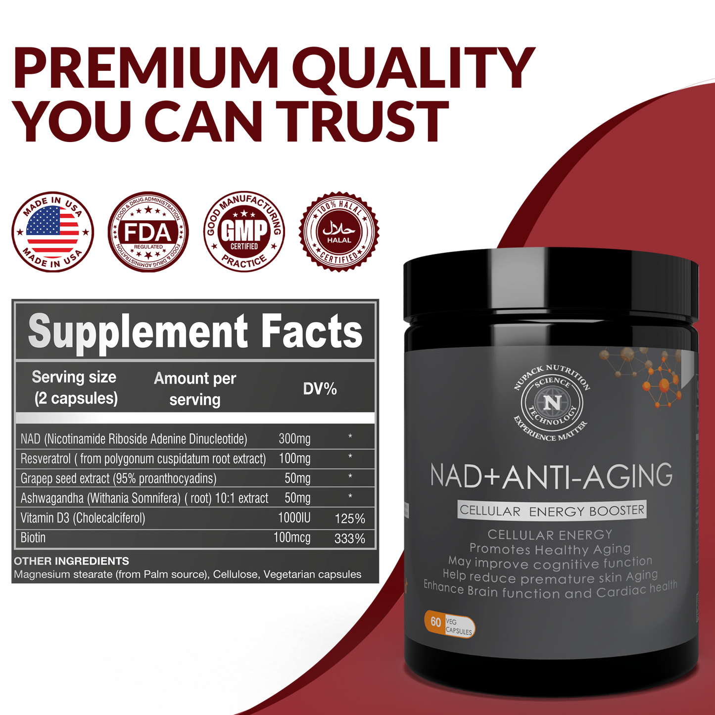 NUPACK NAD + Anti-Aging Supplement | Cellular Energy, Healthy Aging & Brain Support (60 Veg Capsules)