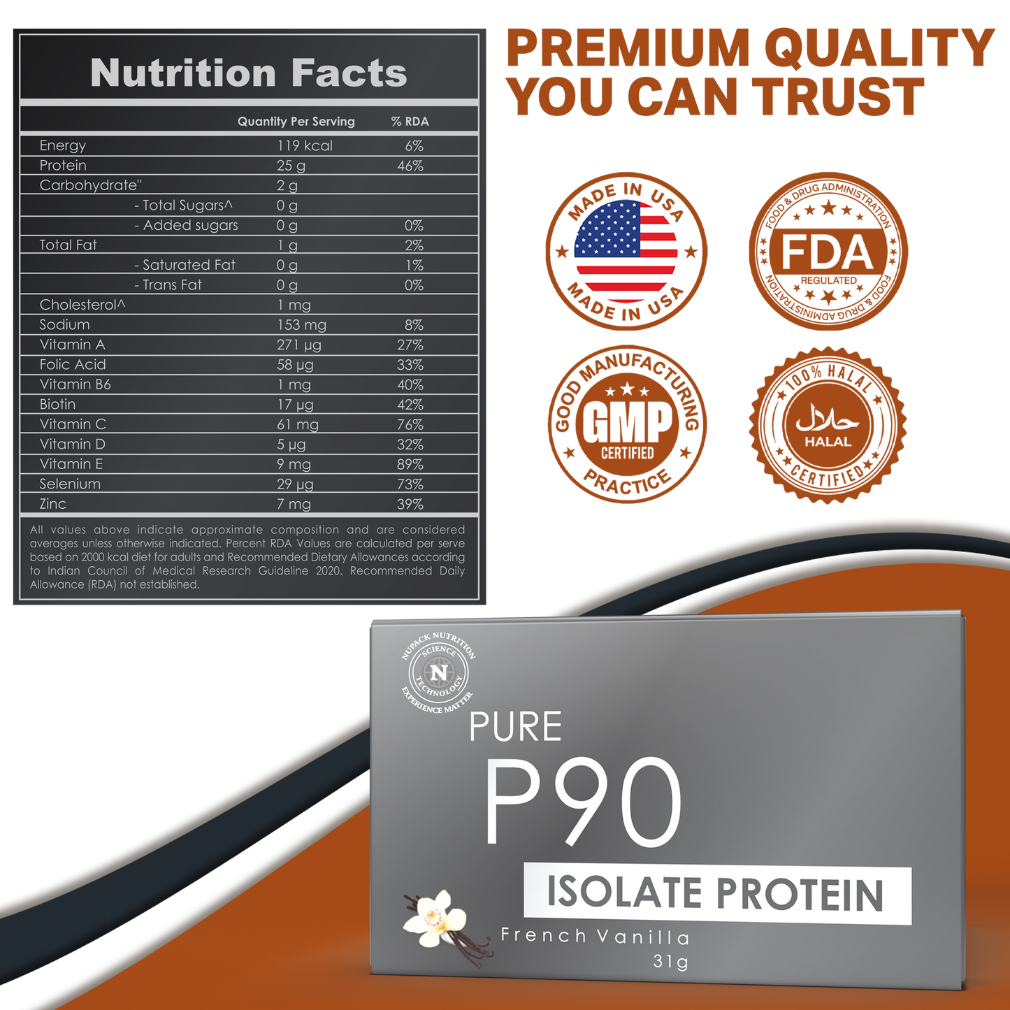 Pure P90 Isolate Protein Powder French Vanilla Flavor 25g Protein Per Serving Low Fat Low Sugar Nutrition Supplement