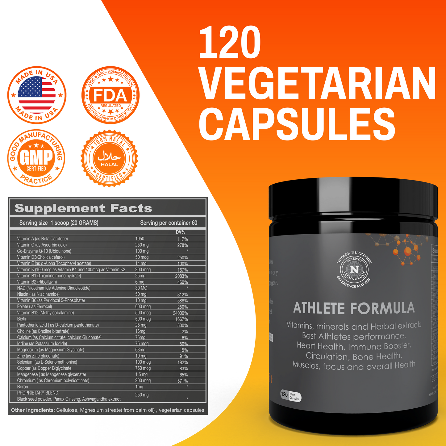 NUPACK Athlete Formula Multivitamin | Immune Support, Heart Health & Energy | 120 Veg Capsules