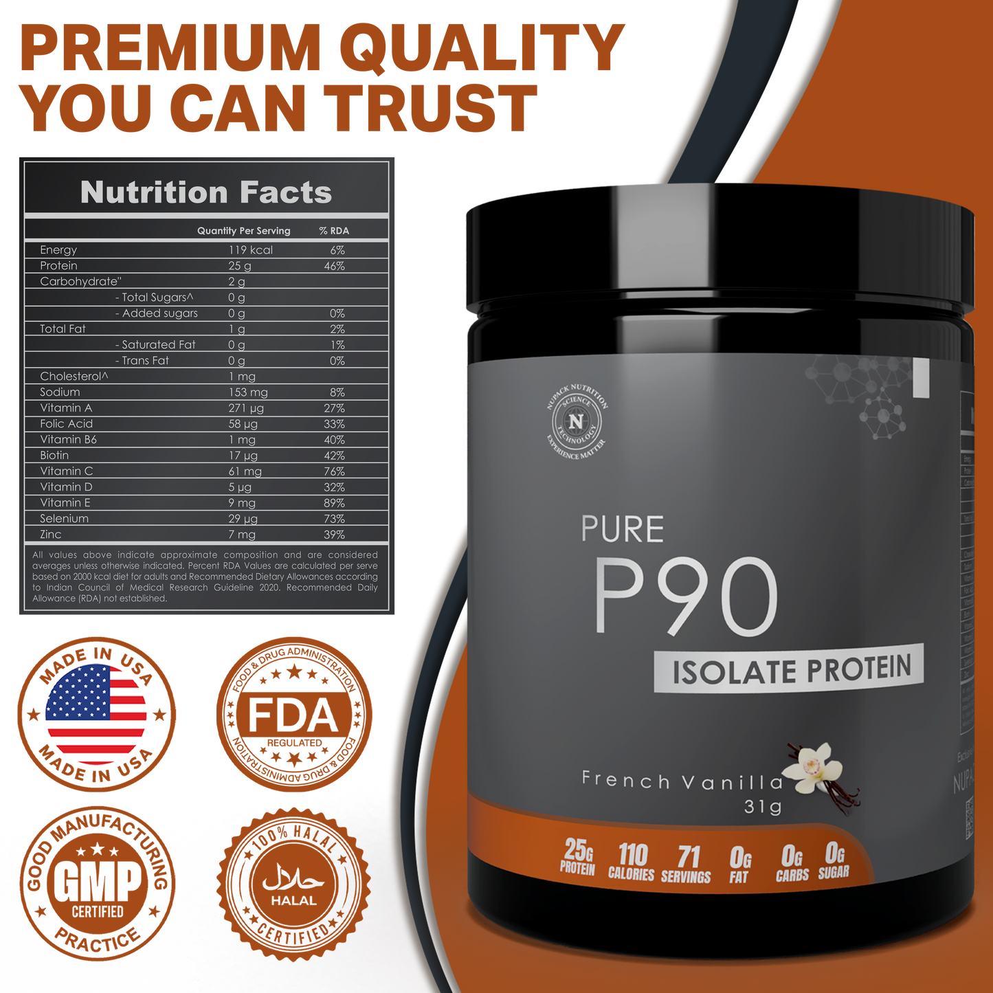 Pure P90 Isolate Protein Powder French Vanilla Flavor 25g Protein Per Serving Low Fat Low Sugar Nutrition Supplement