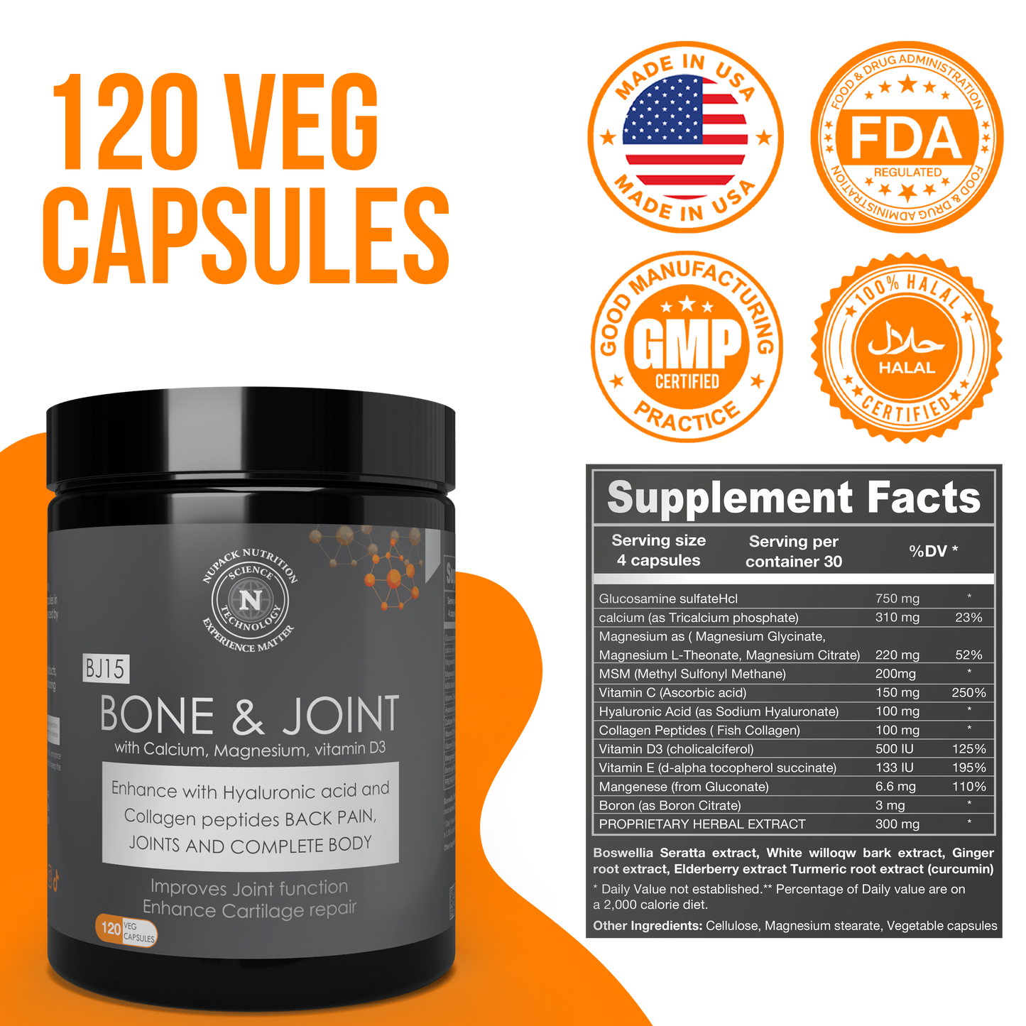 NUPACK Bone & Joint Support Supplement with Glucosamine, MSM, Collagen & Vitamin D3 | 120 Veg Capsules