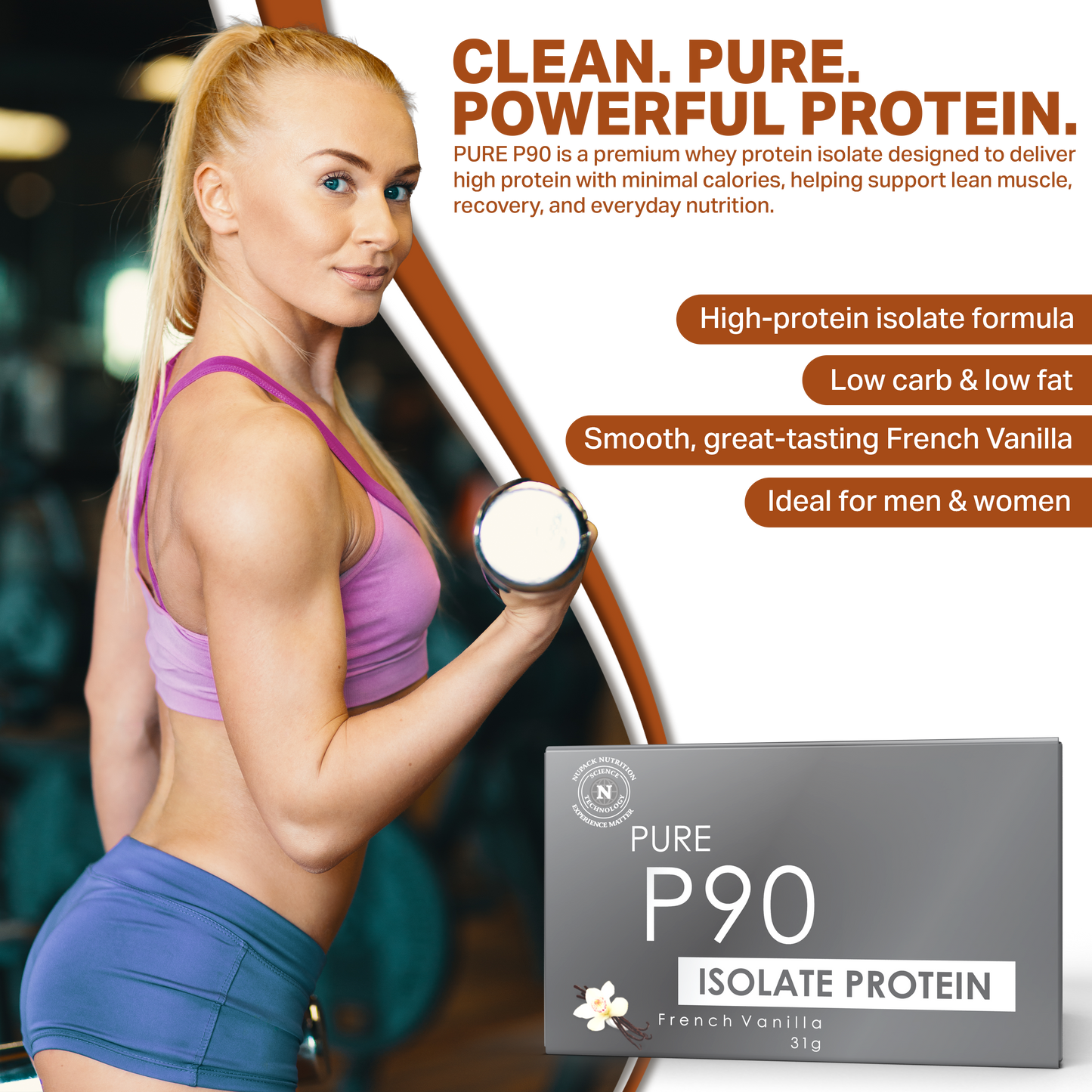 Pure P90 Isolate Protein Powder French Vanilla Flavor 25g Protein Per Serving Low Fat Low Sugar Nutrition Supplement