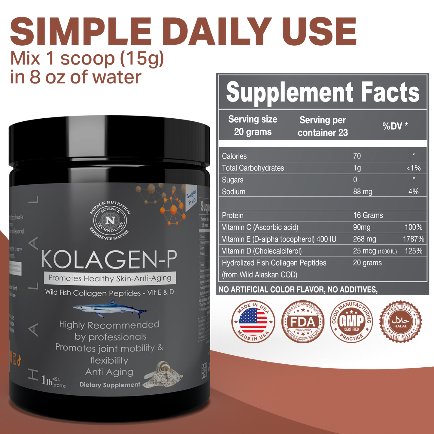 NUPACK KOLAGEN-P Wild Fish Collagen Peptides with Vitamins C, D & E | Skin & Joint Support