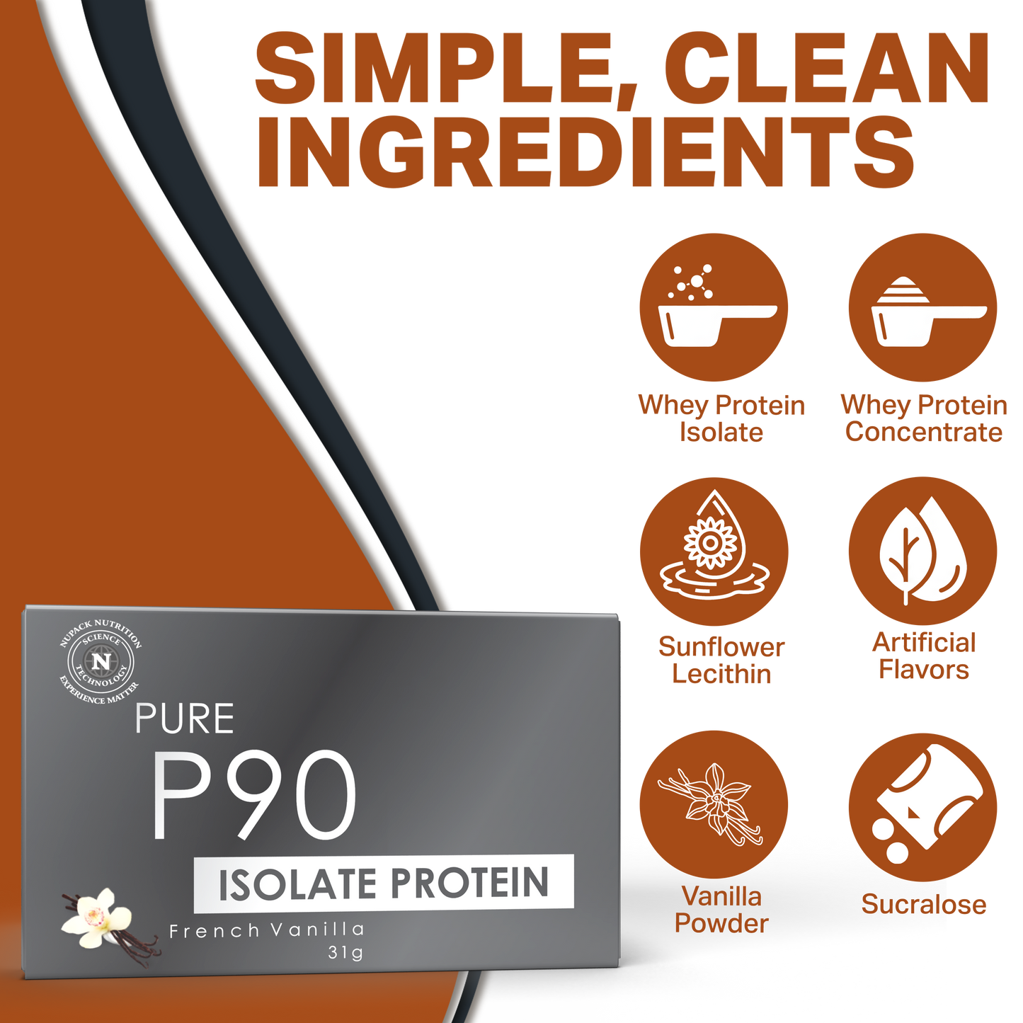 Pure P90 Isolate Protein Powder French Vanilla Flavor 25g Protein Per Serving Low Fat Low Sugar Nutrition Supplement